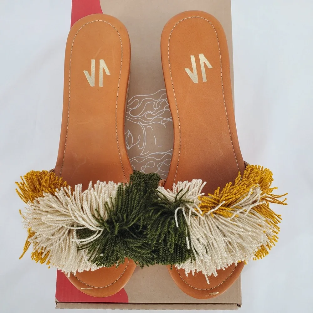 Silvia Cobos Mambo Fringe Wedge Sandals Green Multi Color Cork Platform 8.5 New